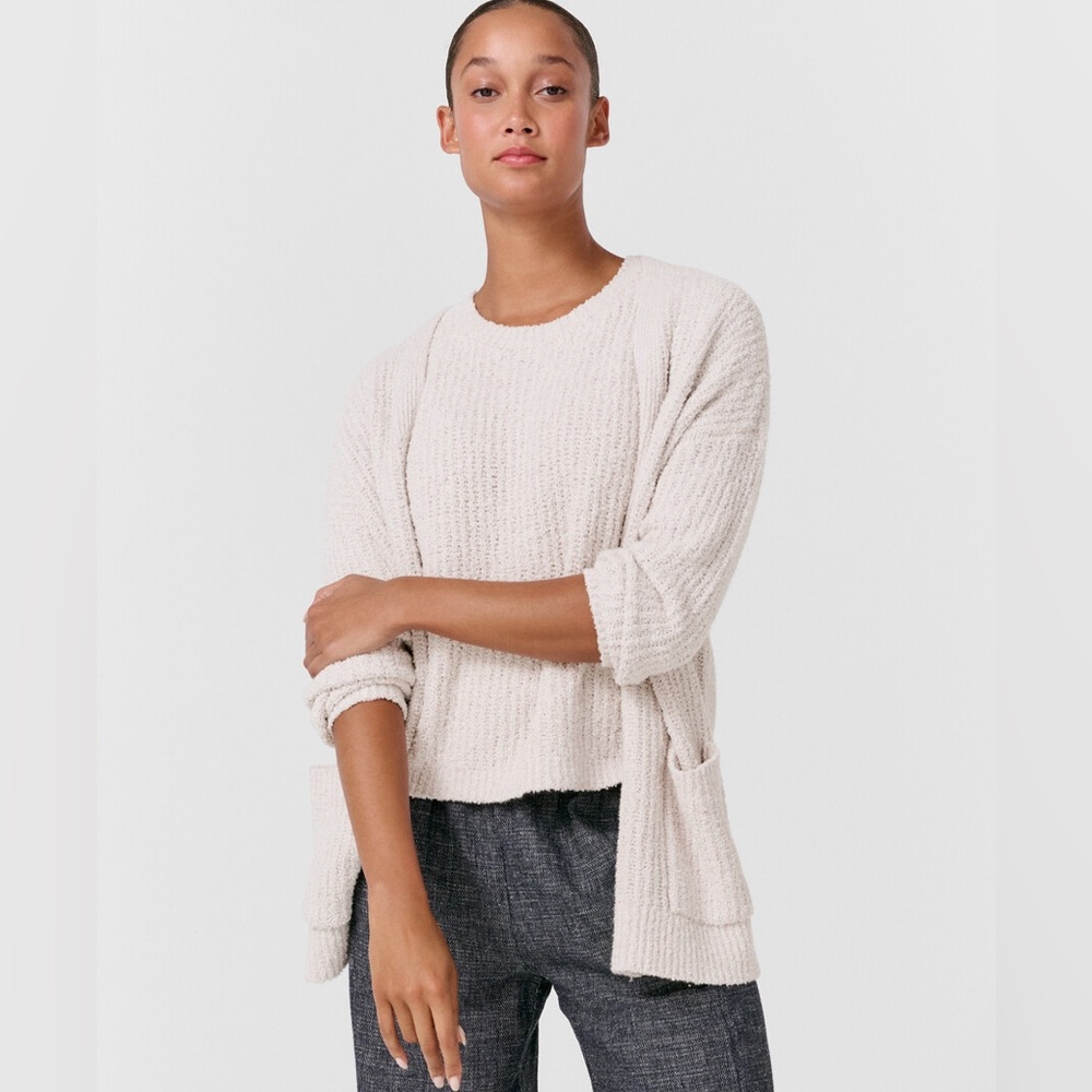 EILEEN FISHER NWT L XL Cotton Fluff Cardigan in Bone • Cashmere Blend Sweater
